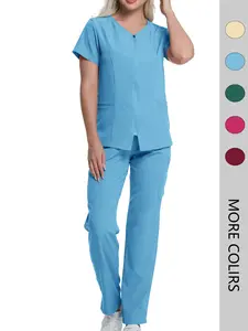 Zipper Multi-Pocket Straight Leg Medical Workwear Set, Comfortable Quick-Dry Breathable Wrinkle-Resistant, Elastic Waist Loose Fit