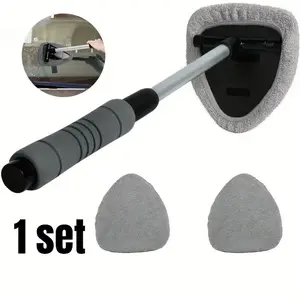 Car Window Cleaning Tool Set, 1 Set Retractable Handle Cloth Pad Head, Car Interior Exterior Glass Wiper, Car Glass Cleaning Kit, Car Detailing Accessories