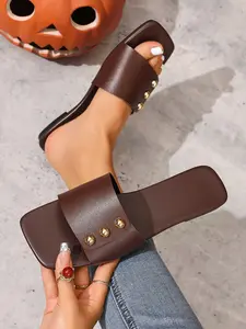 These brown pearl square-toe sandals are a hot trend in 2026. They're comfortable summer footwear, perfect for everyday wear and spring fashion items Rubber Women