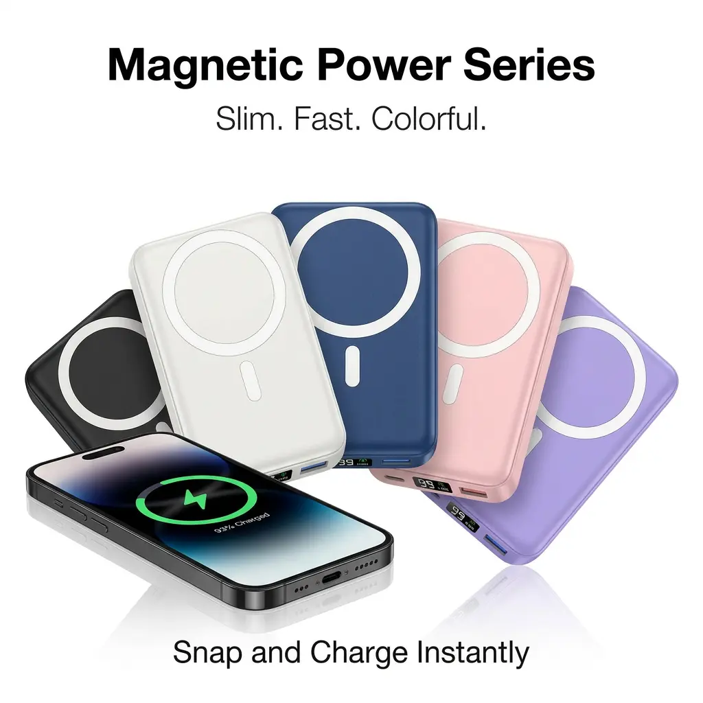 Podoru 10000mAh Compact Magnetic MagSafe Power Bank, 15W Wireless Charger with LED Display, 20W PD USB-C Fast Charging Battery Pack for iPhone 17/16/15/14/13/12 Series, Smartphone & Earbuds Silicone Accessories Compatible