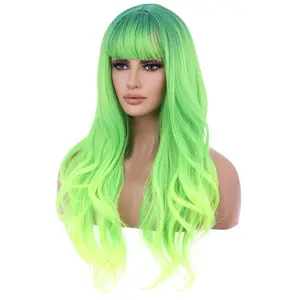 26 Inches Neon Green Wig Long Wavy Soft Synthetic Wig with Straight Bangs for Women Girls Wig Cap Included