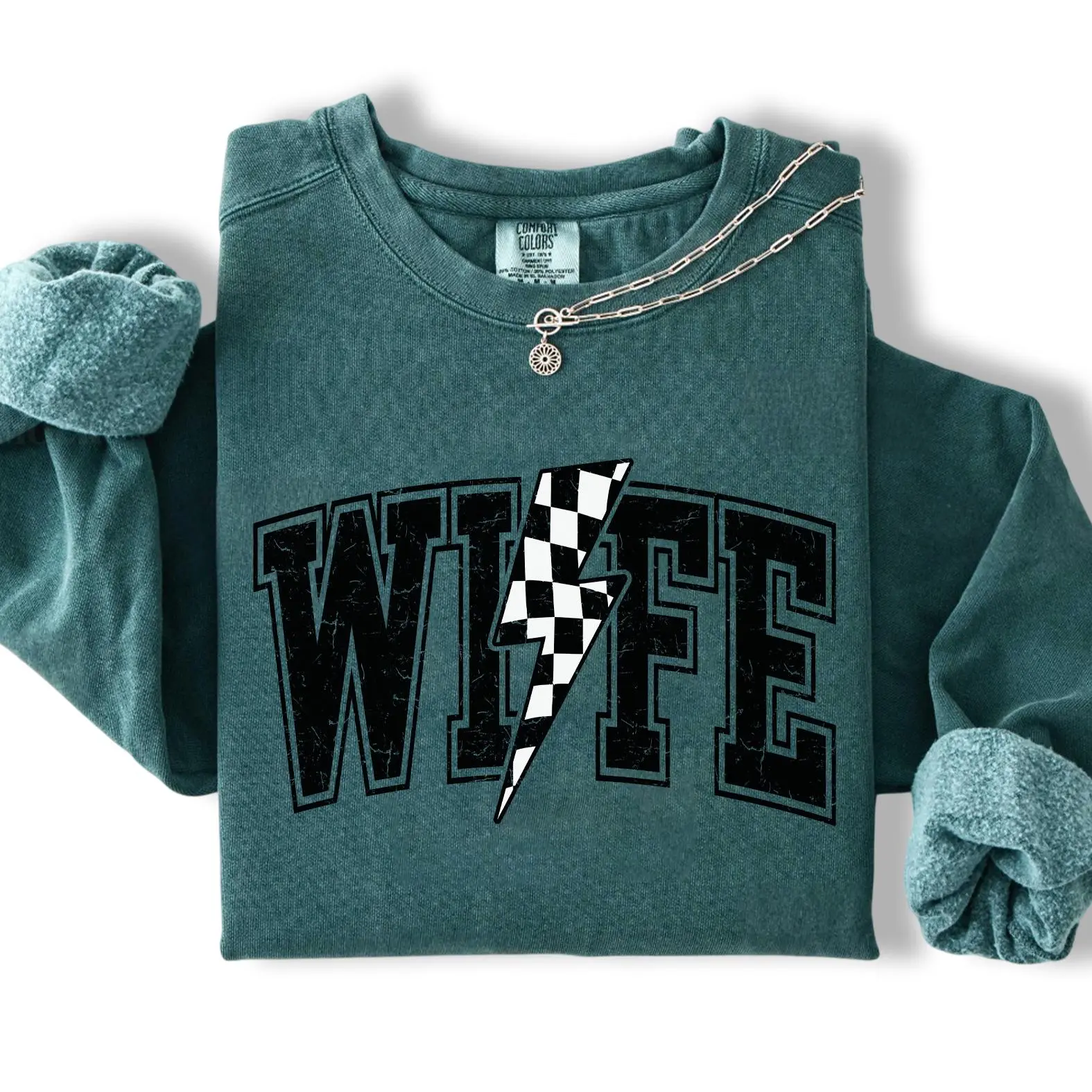 Comfort Colors Wife Sweatshirt, Lightning Bolt Wifey Graphic Pullover, Checkered Crewneck, Retro Distressed Top, Trendy Gift for Wives