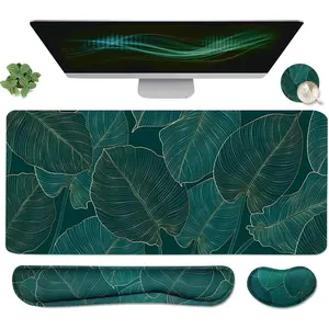 Ergonomic Large Mouse Pad and Keyboard Wrist Rest, Desk Pad for Keyboard and Mouse, 4-in-1 Large Gaming Mouse Pad with Wrist Support for Home Office Study Game-Green Leaves