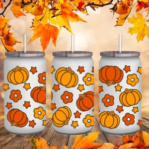 Permanent Vinyl Fall Pumpkin Glass Can Cup small business era halloween glassware white durable glasses drinking glass cute cups of tiktok decals Bamboo Drinkware