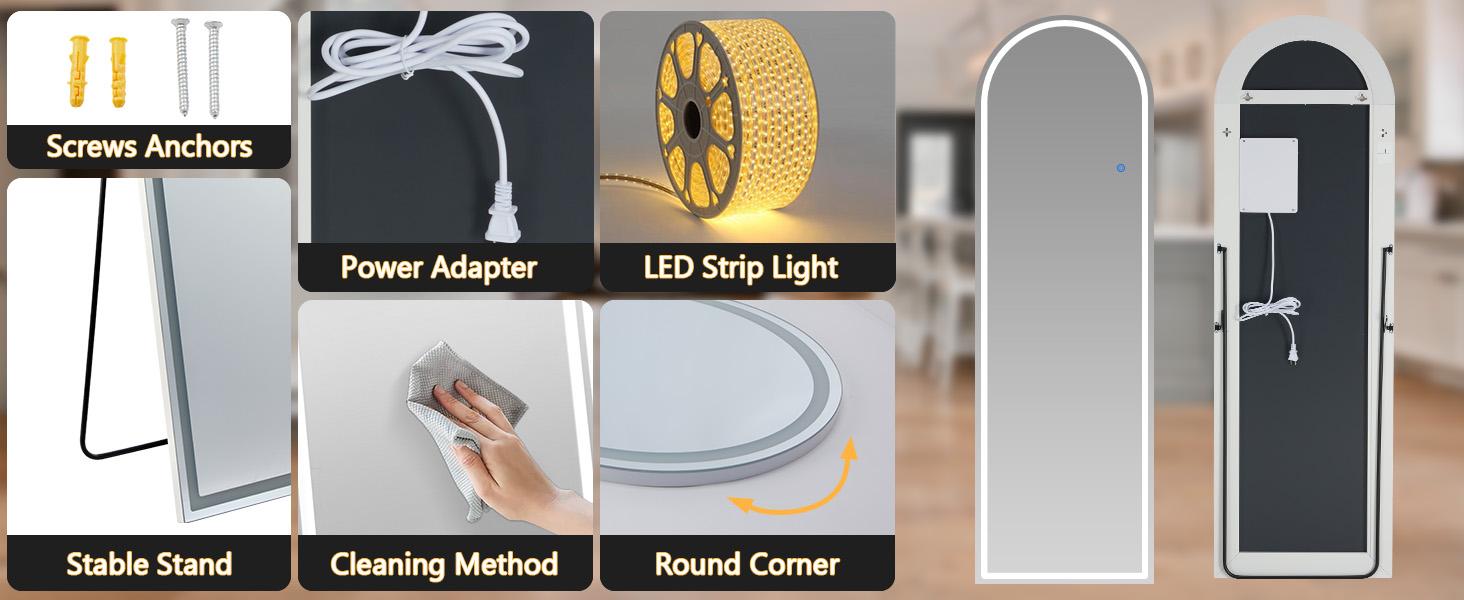 LED Full Length Mirror, Freestanding, Wall-Mounted & Leaning Floor Mirror with Dimmable Brightness and 3 Color Lighting for Bedroom, Dressing Room&Bathroom