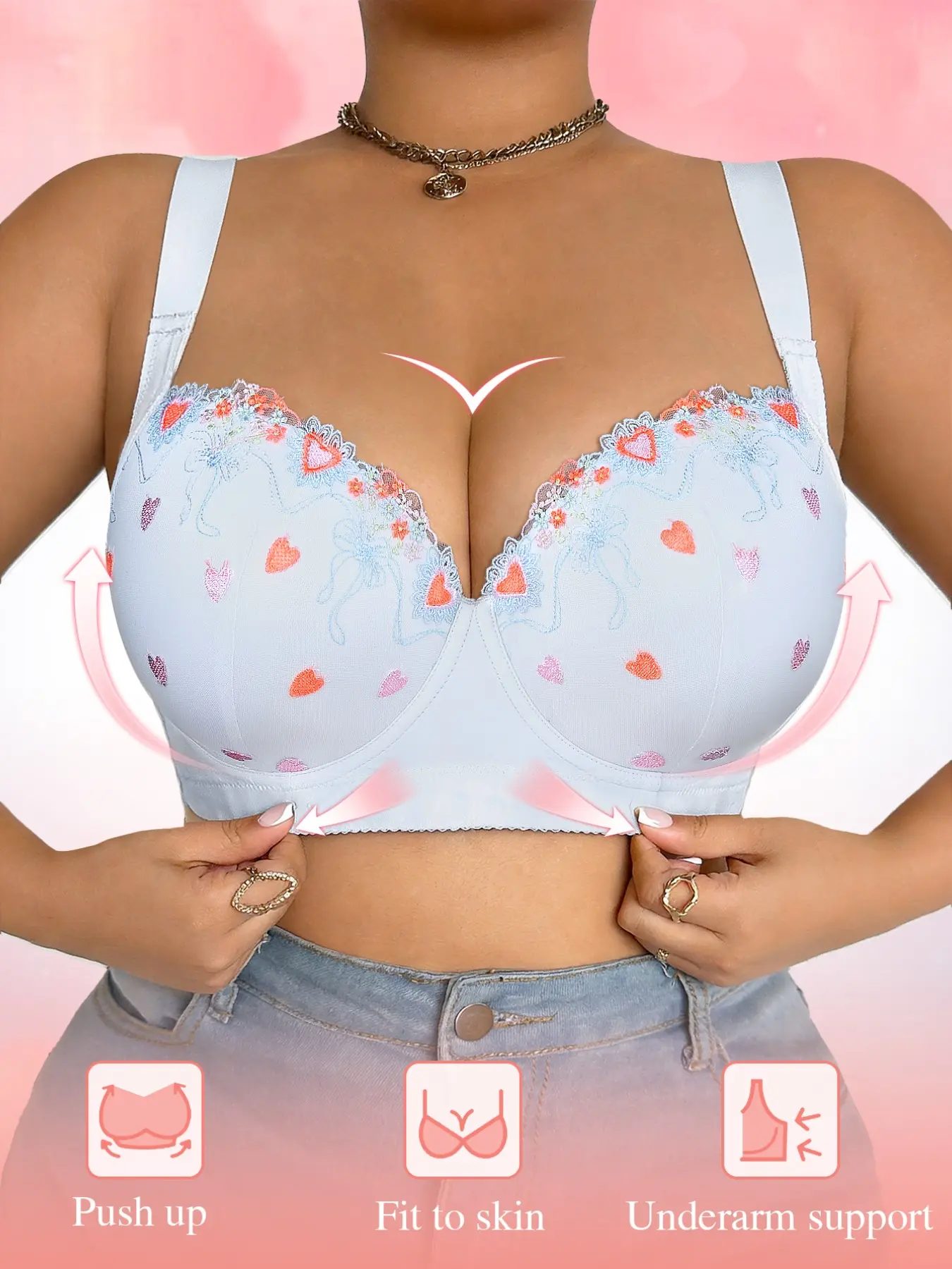 Women's Plus Size Underwire Floral Push Up Bra,Lift Anti‑sagging Minimizer Bra, Cover Side Breasts Adjustable Wide Straps,Smooth Comfort Embroidered Soft, Elegant Daily Wear Underwear
