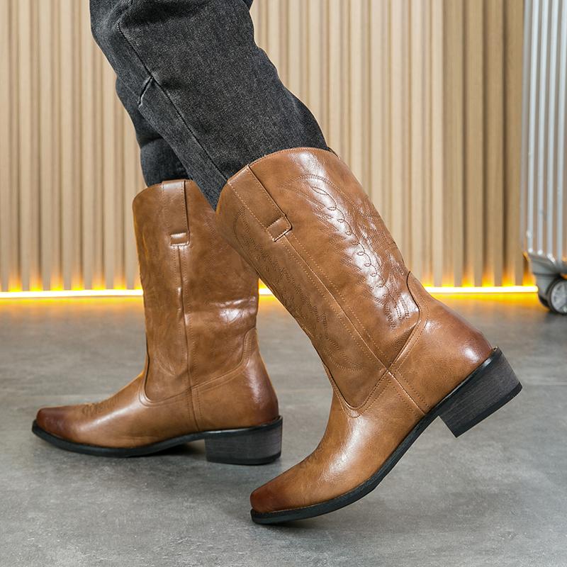 2025 Fall & Winter Mens High-top Vintage Pointed-toe Cowboy Boots - Anti-skid Slip On Shoes with PU Upper and Rubber Sole for Outdoor Horse Riding and Country Style - Comfortable PU Insole and Solid Color Design Footwear Closed