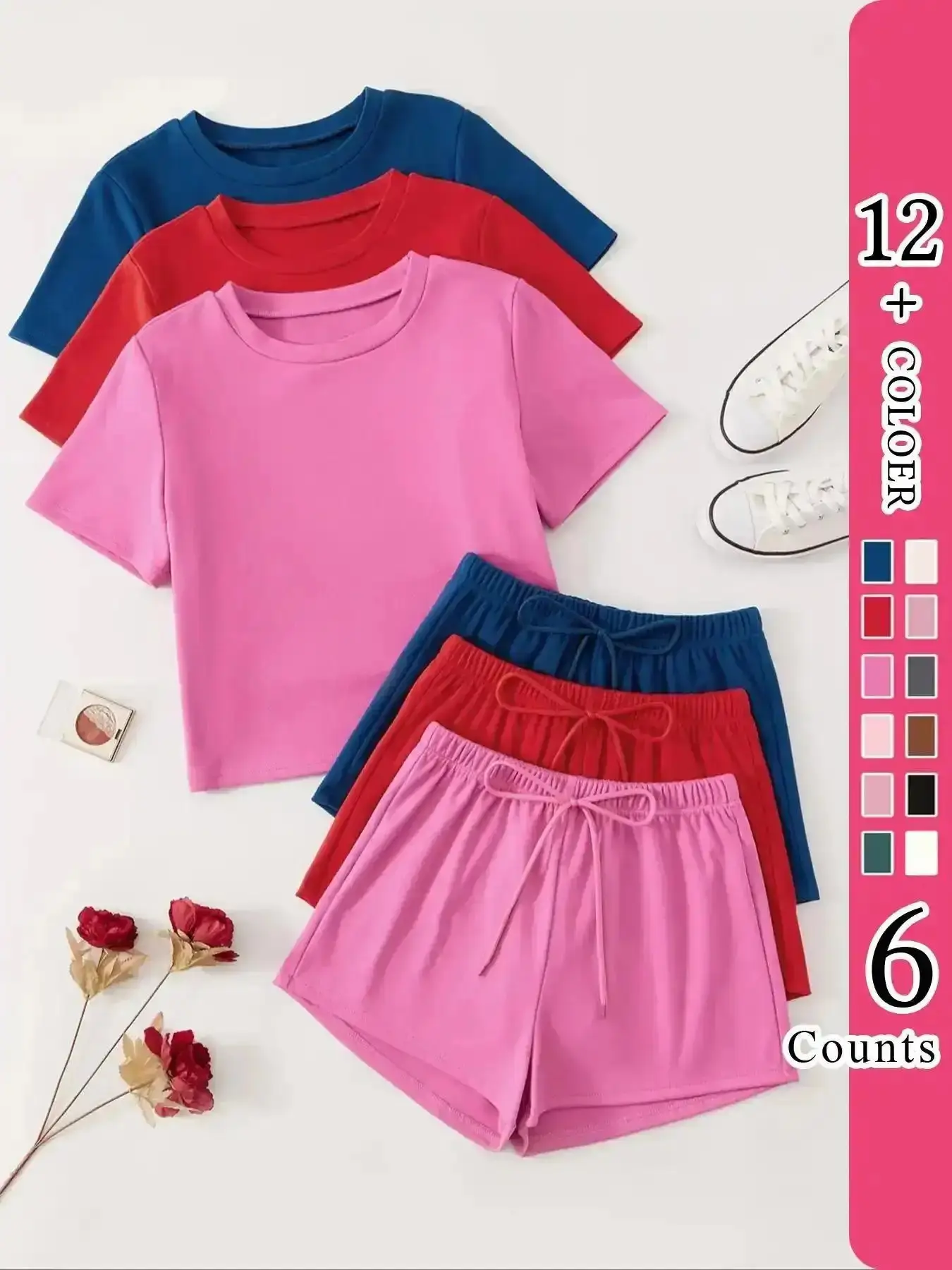 Women's Set, Comfortable Fitted Short Sleeve Top & Elastic Shorts, Casual Home Wear Loungewear, Pjs, At Home Style, Home Comfort, Women's Classic All-Season Nightwear Pajama Set, Cozy, Soft