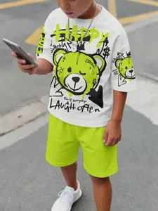 Boys' Trendy Neon Bear Print Short Sleeve T-Shirt + Shorts Set, Casual Slim-Fit for Home and Outdoor Activities, Summer Clothing Set