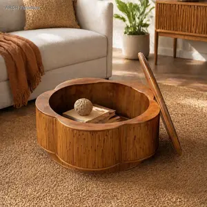 Boho-Chic Flower-Shaped Rattan Coffee Table with Lift-Off Storage Lid, ARCH Design, Compact Home Decor for Cozy Living Rooms, Versatile Indoor Nightstand