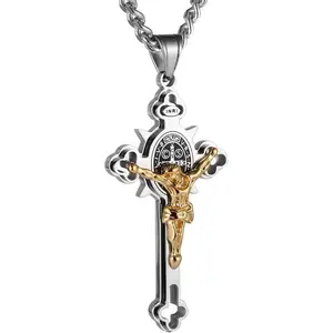 Religion Stainless Steel Saint St St. Benedict Crucifix Cross Pendants Necklace INRI