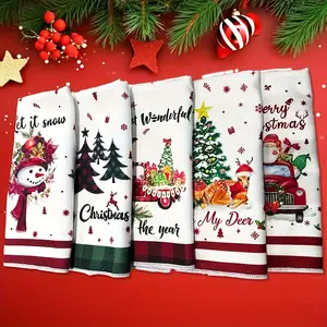 Christmas Kitchen Towel Set 5 Pieces, Super Absorbent Microfiber Holiday Dishcloths, Plaid Snowman Gingerbread Man Reindeer Tree Designs, Soft Cleaning Towel