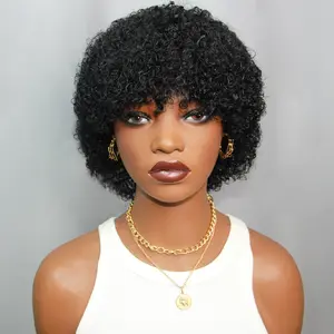 Glueless Wigs Short Afro Kinky Curly Natural Black Color Wigs for Women Human Hair Put on & go Soft and Fluffy Glueless Wigs 70s 80s Hair Kinky Curly Wig Cosplay or Daily Use Wigs  Pixie Curl Afro Wig Allofbob Wig