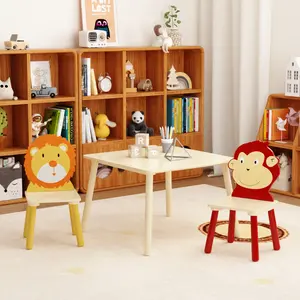 Toddler Table and Chairs Set 3-Piece Wooden Kids Play Activity Table with 2 Chairs Animal Theme Lion Monkey Parent-Friendly Assembly Safe Stable Multi-Use Activity Center
