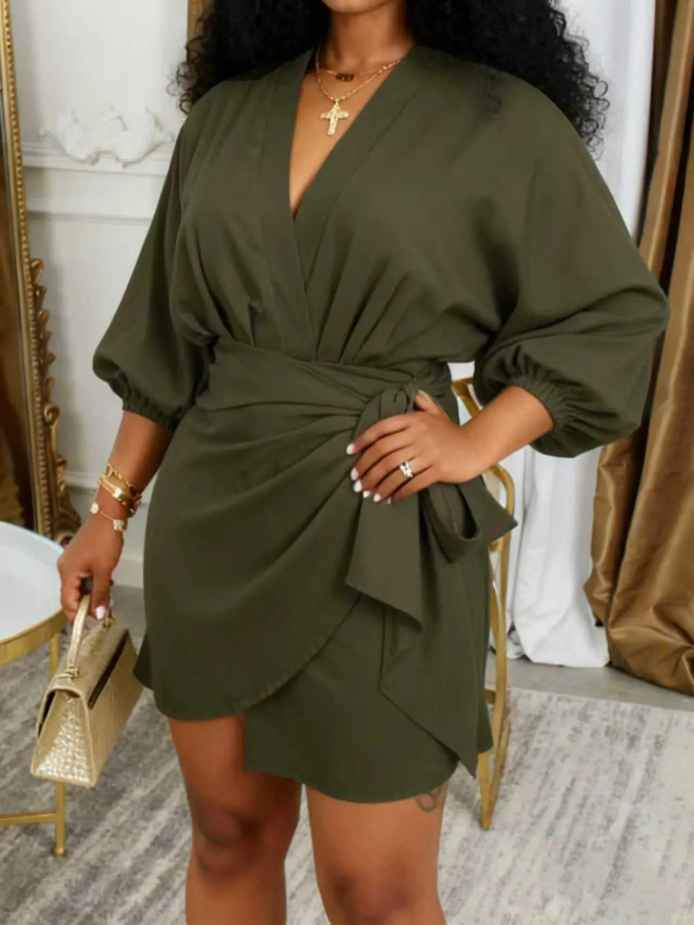Women's Deep V Neck Tie Back Adjustable Long Sleeve Bubble Hem Solid Dress, Casual Comfortable Elegant Chic Lady Style, Perfect for Daily, Parties, Dates, Womenswear