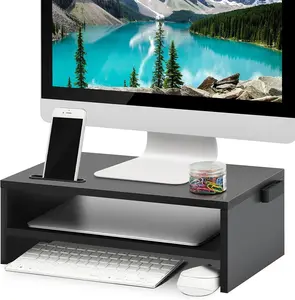 Monitor Stand Riser, 16.5 Inch 2 Tier Computer Printer Shelf Stand for Laptop Computer Screen Storage, Desktop Stand with Phone Holder and Cable Management Black Acrylic Laptop