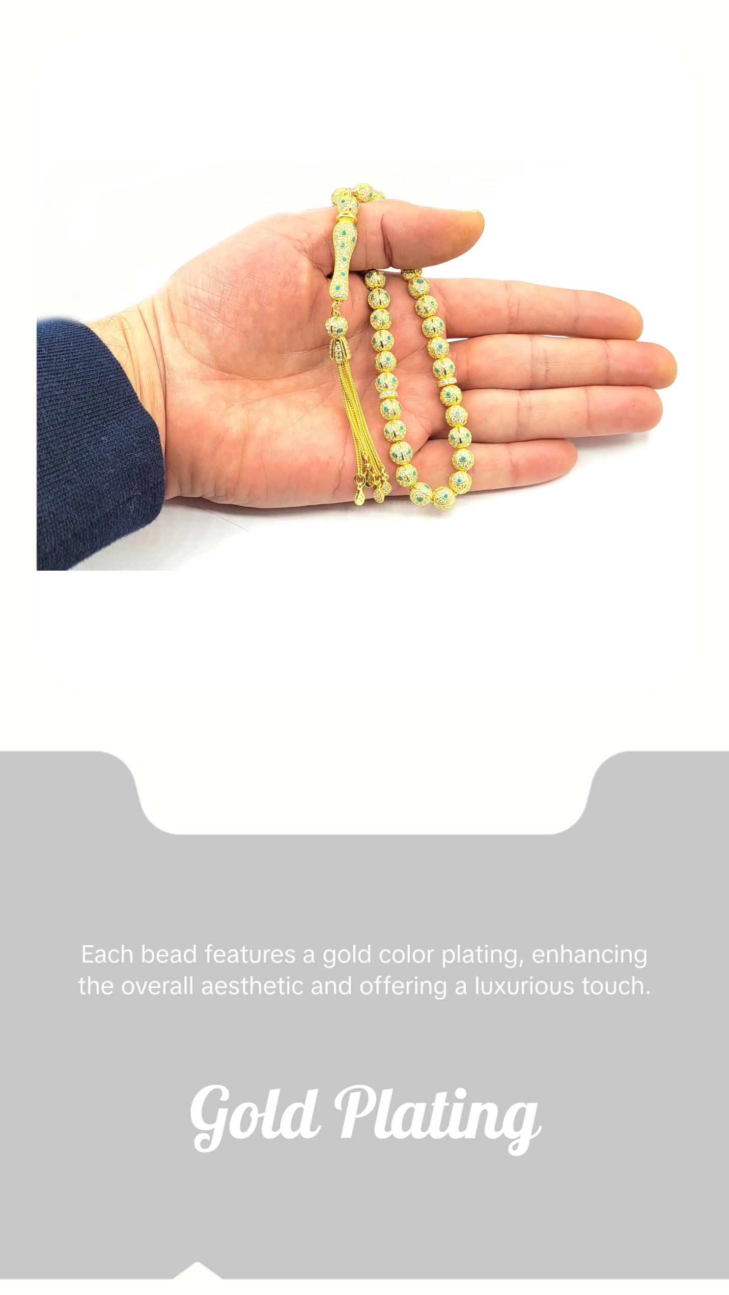 Gold Plated Sterling Silver Turquoise Zirconia Tasbih Muslim Prayer Round Worry Beads