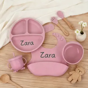 Set of 5 Or 6pcs for Custom Laser Engraving, Featuring a Silicone Baby Weaning Set. This Engraved Feeding Set Includes a Name And Cartoon Designs, Perfect for Toddlers. It'S a Personalized Gift Idea for Baby Showers And Christmas