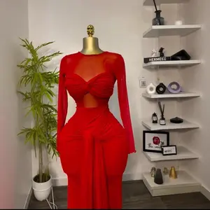 Early Spring 2025 New European & American Women’s Fashion Solid Color Long Sleeve Crew Neck Wrap Chest Slim Elegant Maxi Dress