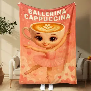 1 Piece Coffee & Ballet Cute Blanketzcappuccino Cup As Ballerina! Super Adorable. Perfect For Sofa Tea Time, Sweet Bedroom Decor. Ideal For Gifting, Coffee Themed Parties. Coffee & Ballet, Throw Blanket