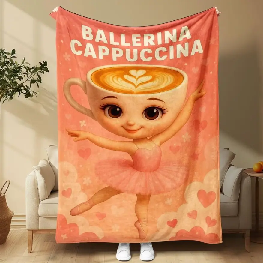 Ballet Coffee Cute Print High-Quality Flannel Blanket - Cappuccino Cup Ballerina Design, Multi-Size, Indoor/Outdoor Use, Ideal for Sofa Tea Time & Bedroom Decor, Perfect for Gifting