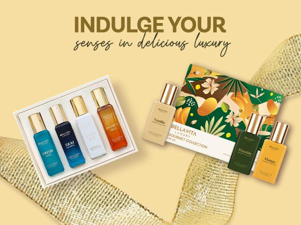 Sweet & Skin Splash by BellaVita Luxury | Perfume Combo Gift Set | Gourmand 3×20 ml + Unisex Gift Set 4×20 ml | Vanilla, Mango, Pistachio, Skai, Fresh, White Oud & Honey Oud | Long Lasting Eau De Parfum | Vegan & Cruelty Free