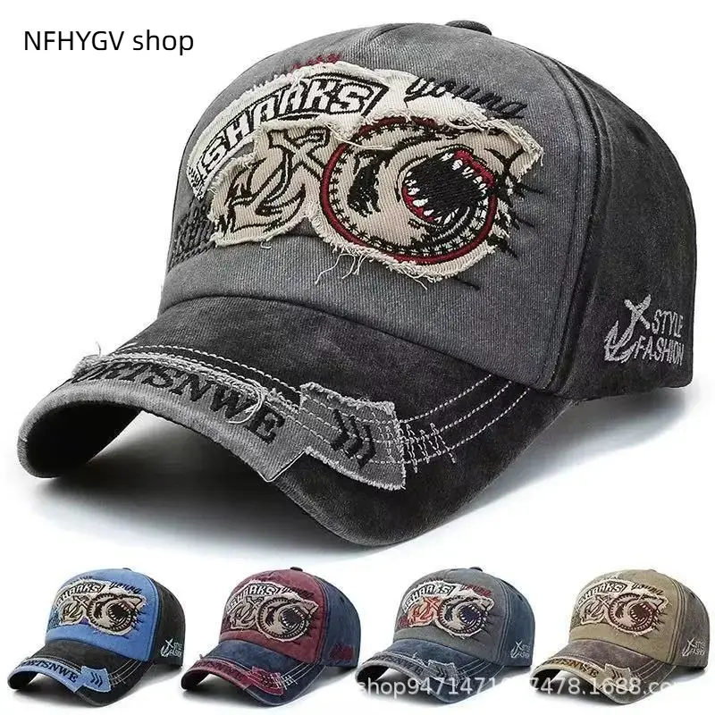 Vintage Washed Cotton Baseball Cap with sharks embroidery, unisex adjustable hat for men and women. Breathable, cool and trendy design, classic outdoor sports headwear, suitable for daily wear and various outdoor activities