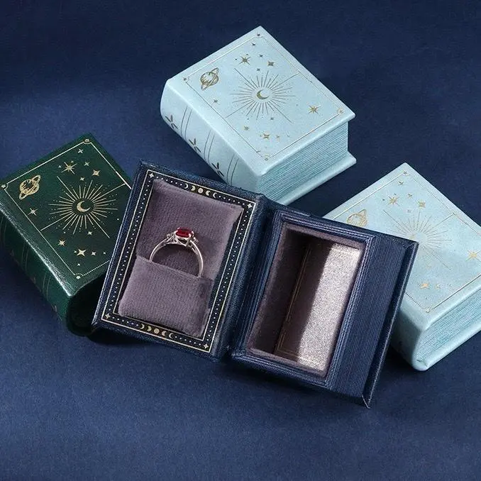 STAR WISH Vintage Foldable 3.5cm Rectangle PU Leather Magnetic Flip-Top Ring Box - Blue Star Design, Portable Home Organizer Storage Case, Thoughtful Engagement/Proposal Gift for Jewelry Storage