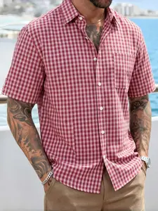 Men's Retro Plaid Short Sleeve Shirt, Casual Plain Cool Cotton Top, Versatile Fashionable Men's Clothing, Comfortable Daily Wear