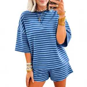 Women's Blue Striped Ribbed Cotton 2-Piece Short & Top Set with Chest Patch Detail, Summer Outfits