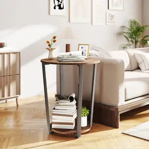 Round End Table with Open Shelf and Metal Frame Walnut Finish Elegant Design Sturdy Structure Versatile for Living Rooms and Bedrooms