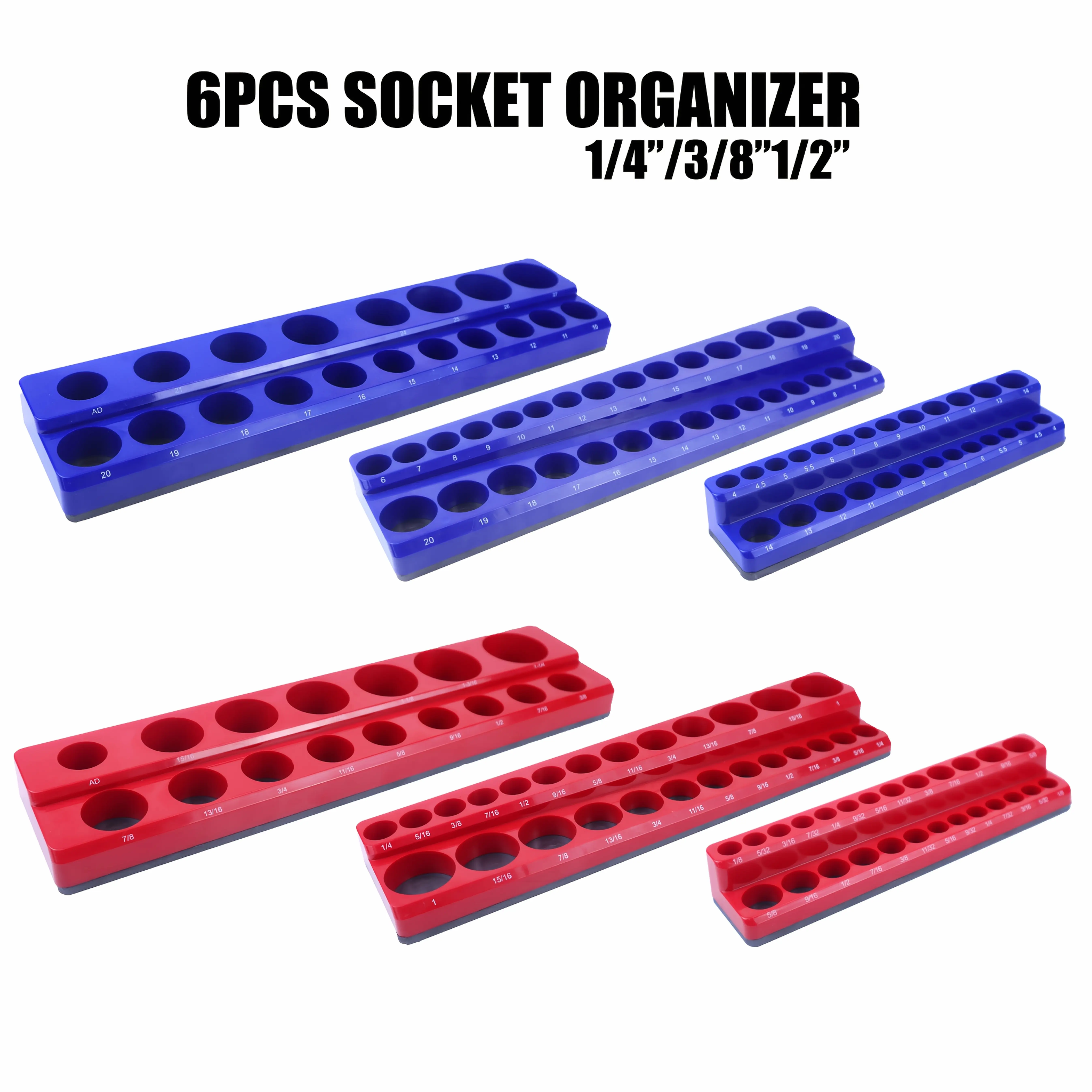 6pcs Magnetic Socket Holder, Socket Tray, Two Colors Distinguish Metric And SAE, 1/4"&3/8"&1/2"inch Size, Socket Organizer, Nice Tool Organizer for Home Improvement