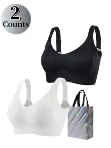 Women's Solid Wireless Push Up Bra, Soft Comfortable Breathable Ribbed Bra, Women's Lingerie for All Seasons Underwear