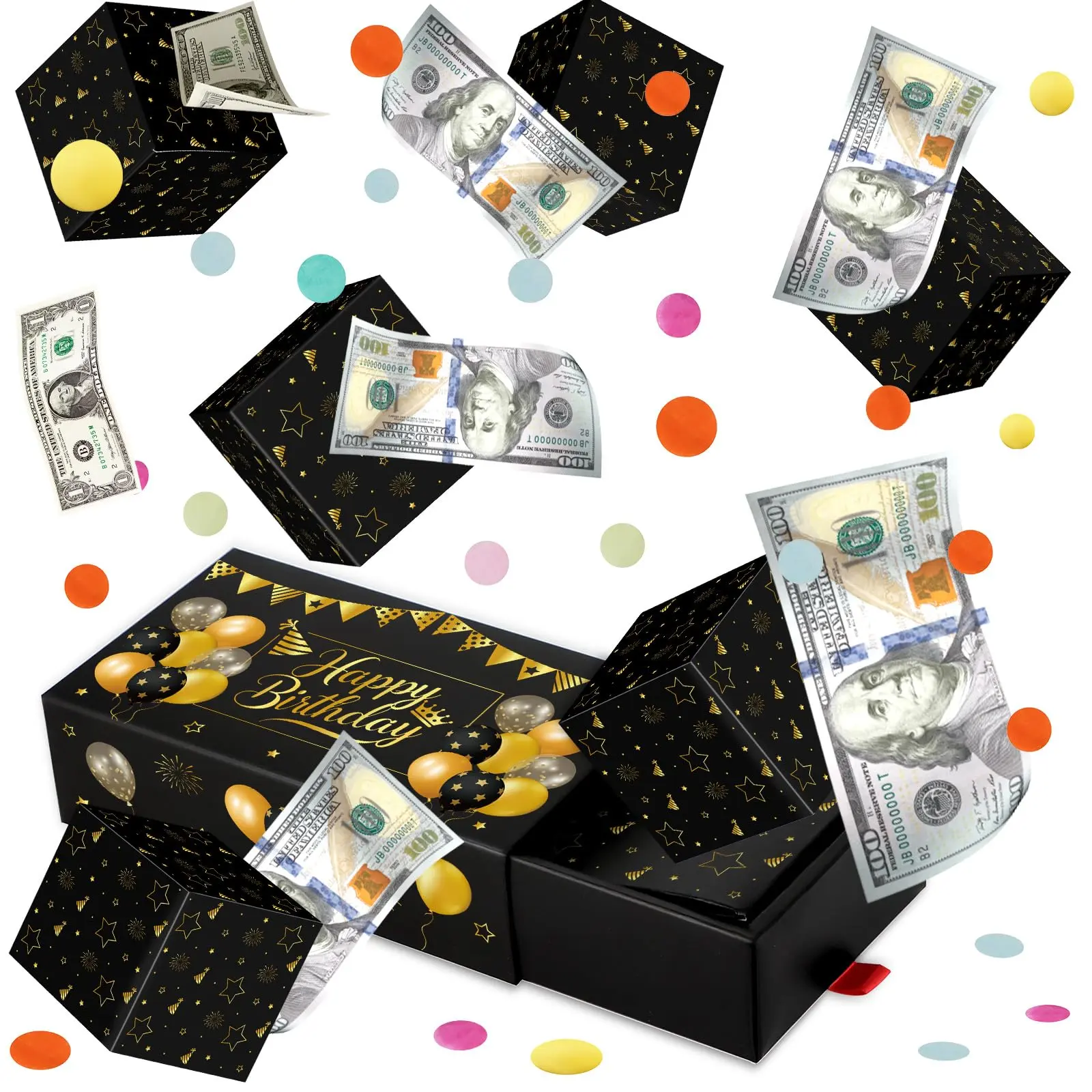 WenmthG Surprise Gift Box Explosion for Money DIY Folding Bouncing Cash Pop Up Box with Confetti Birthday Money Bank Cash Gift Idea for Birthday Christmas Graduation for Women Men Kids All Ages Multicolor