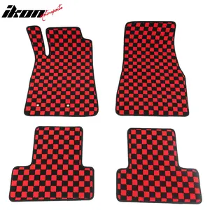 Front Rear Full Set Waterproof Floor Mats for Ford Mustang 2005-2009 Black Red Plaid Checkered Carpets PP & Loop Pile Surface & TPE Backing 4PCS