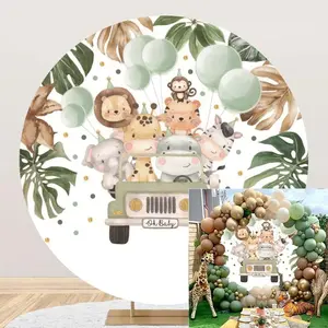 6.5x6.5ft Safari Jungle  Oh  Round Backdrop Zoo  Tropical Leaves  Shower Circle Backdrop Cover Safari Party Decoration Drive by Birthday Photo Booth Background