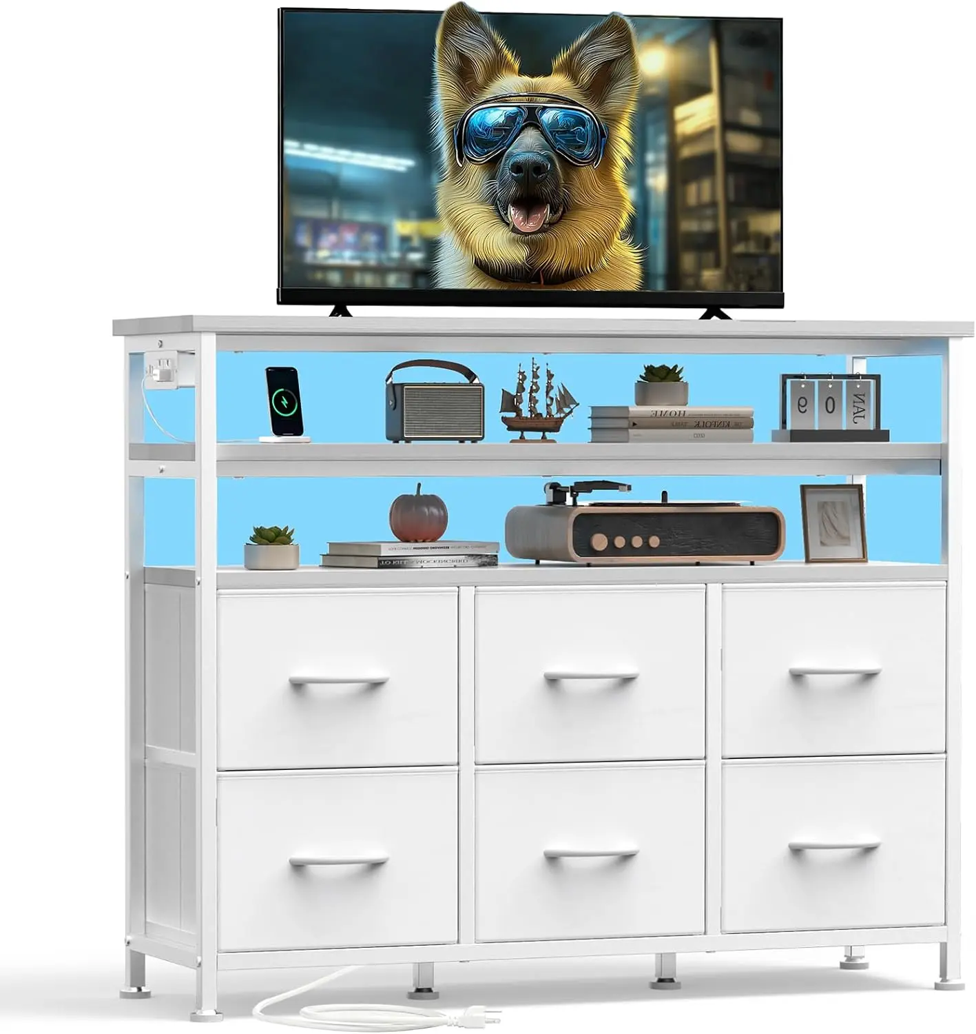 TV Stand for Up to 45 Inch TV, Wood Top Media Console with 6 Fabric Drawers & 2 Storage Shelves, Entertainment Center with LED Lights and Charging Station for Living Room Hallway