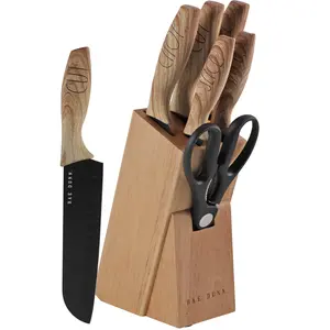 Rae Dunn Everyday Collection Set of 5 Stainless Steel Knives with Sheaths- Chef Paring Bread Santoku Knives- (White) Utensils Kitchen