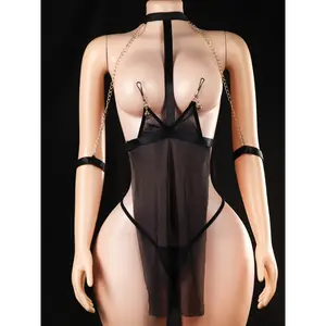 Roleplay Lingerie Set - Open-Crotch Teddy with Chains, Medium Support, No Belt, Solid Color, Sexy Style, Thong Panties, Drop Waist Design, Perfect for Adult Roleplay and Intimate Moments, Intimate Apparel, Elegant Lingerie, Durable Lingerie  Fabric Polyes
