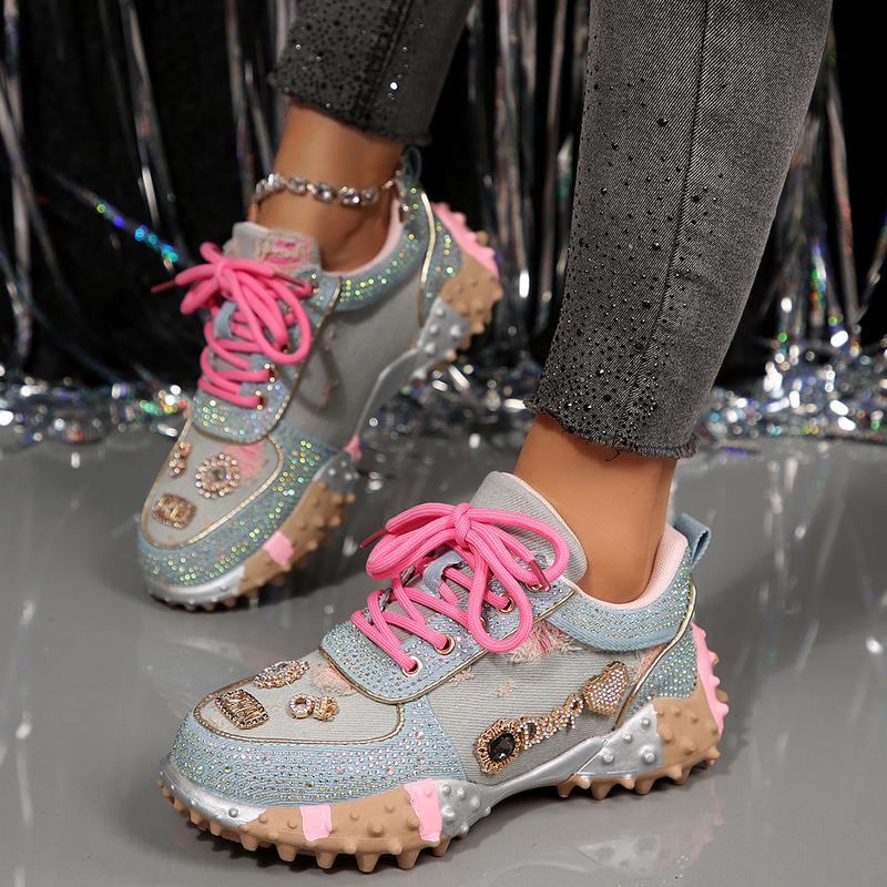 Women Casual Rhinestone-Embellished Sneakers Fashion Beaded Walking Shoes Outdoor Non-Slip Flat Shoes