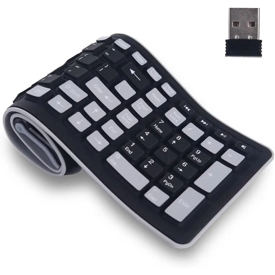 2.4G Wireless Silicone Keyboard, Portable Keyboard for Laptop, PC, Notebook and Travel, Flexible Foldable and Rollup Keyboard, Waterproof, Dustproof, Full Size 107 Keys Black
