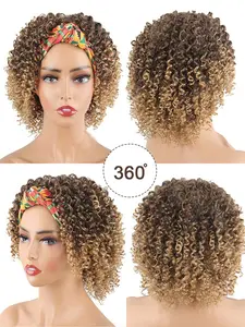 Short Afro Curly Headband Wigs for Women, Deep Curly Wigs with Headband, 2 in 1 Afro Kinky Curly Wigs with Turban Scarf T4/27, Curly Synthetic Wig