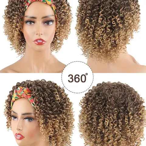 Short Afro Synthetic Curly Headband Wigs for Women, Deep Curly Wigs with Headband, 2 in 1 Afro Kinky Curly Wigs with Turban Scarf T4/27