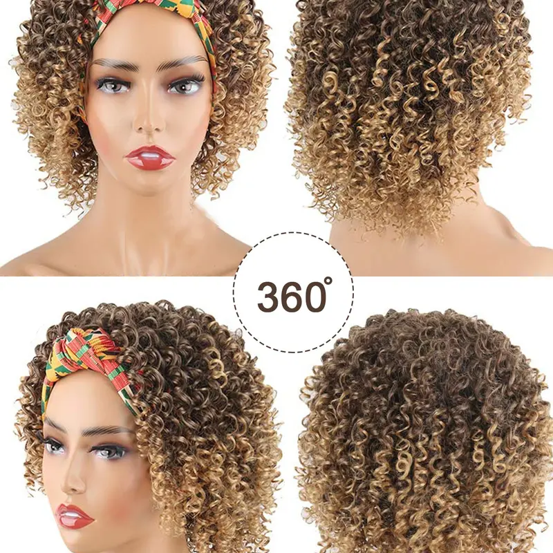 Short Afro Synthetic Curly Headband Wigs for Women, Deep Curly Wigs with Headband, 2 in 1 Afro Kinky Curly Wigs with Turban Scarf T4/27