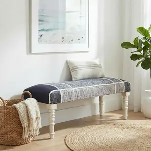 Easton Farmhouse Navy Blue/White Tartan/Plaid Cotton Rope/Cord Trim Accent Bench