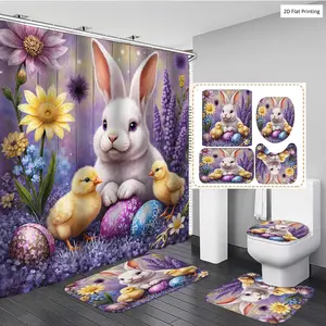 1/3/4PCS EASTER BUNNY CHICKS AND EGG SHAPED DECORATIONS Shower Curtain Set with Rugs, Non Slip Bath Mat, U-Shape Carpet, Toilet Lid Cover, Polyester Fabric Bathtub Curtain Accessories, 12 Hooks, Home Bathroom F
