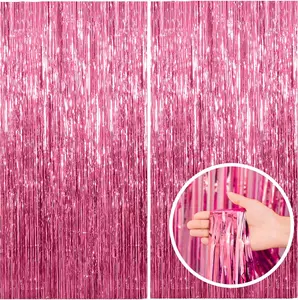 2 Pack Pink Backdrop Party Decorations Tinsel Curtain Party Backdrop Foil Fringe Birthday Decorations Photo Booth Streamer Backdrop Pink Theme Bachelorette Graduation Decor 2P-YL-FS