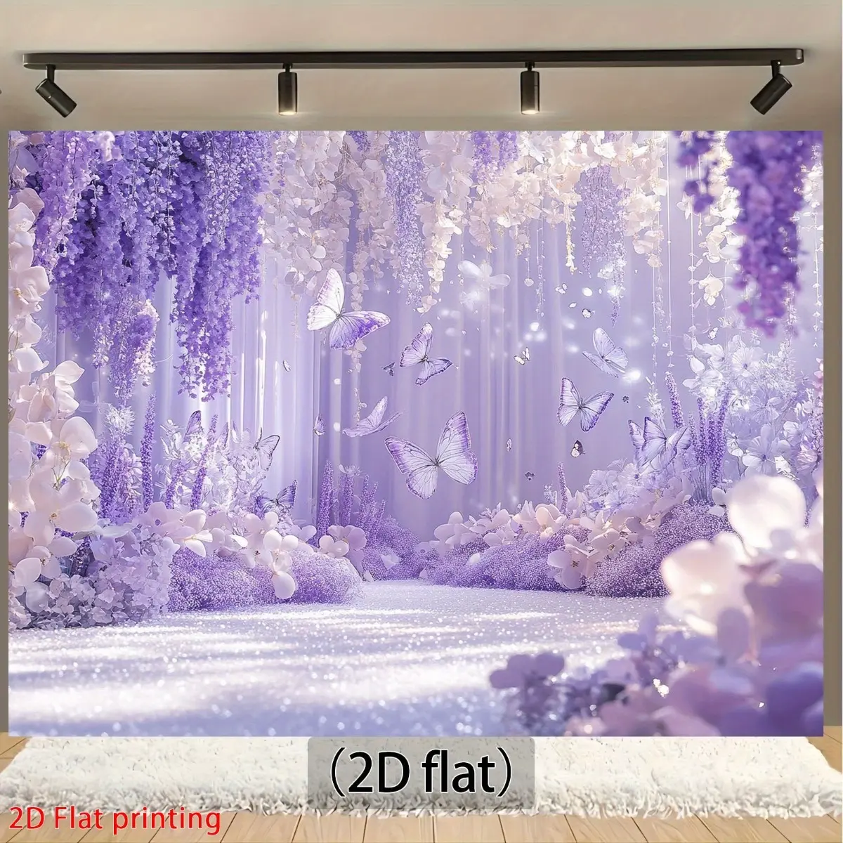 2D Flat 2D Flat Printed 1pc Enchanted Garden Floral Backdrop - Purple Lavender/wisteria with Butterflies  No Electricity Lightweight Portable Wedding/birthday/photo Booth Decor Fantasy Theme & Smooth Texture. 2D Flat