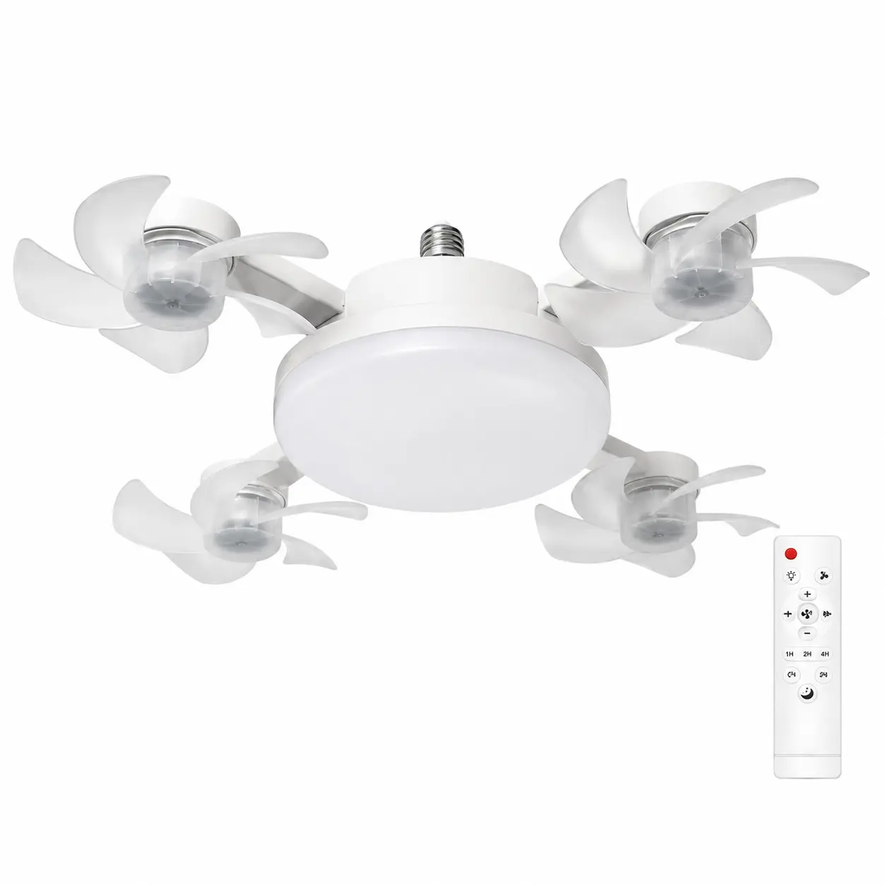 GMOX 4-Head Foldable LED Ceiling Fan Light, E27 Socket Mount No-Drill Fan Lamp with Remote Control, 3 Speed 3 Color Temperature Modern Flush Mount Ceiling Fan for Bedroom Kitchen Hallway Small Room