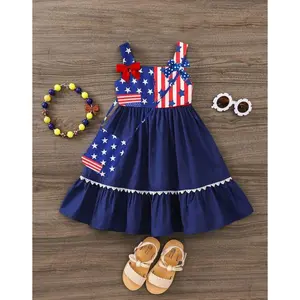4th of July Outfit For Toddler Girls American Flag Print Bow Straps Dress with Matching Bag 22503187